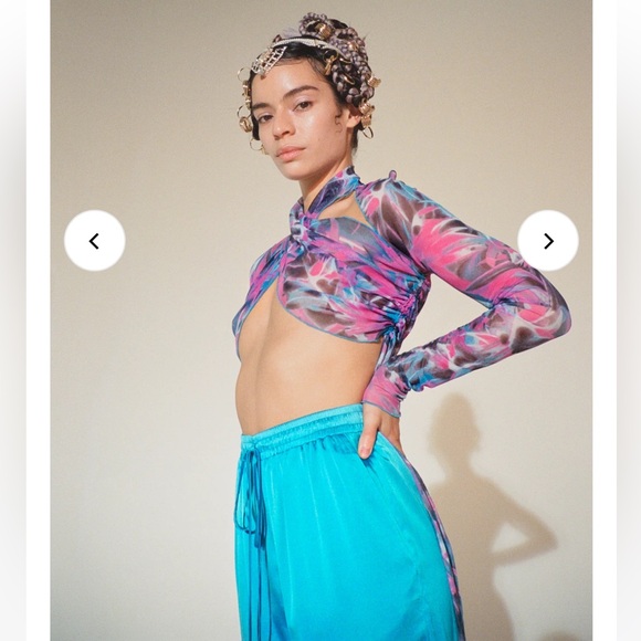 NWOT Kim Shui Mesh Crop Long Sleeve Cutout Cross Top (XS Pink Blue Multi) Tropic - Picture 8 of 10